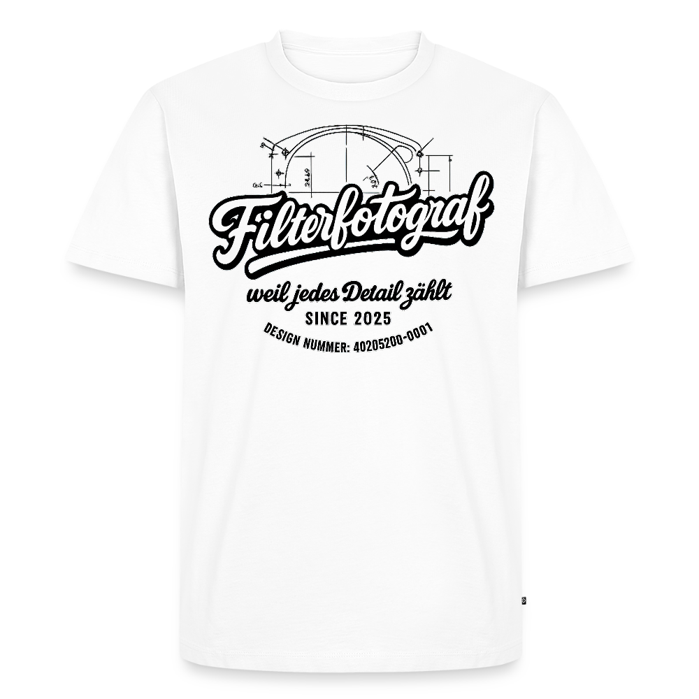 FILTERFOTOGRAF® Männer Premium T-Shirt – Front- & Ärmeldruck, nachhaltig & fair produziert - Weiß