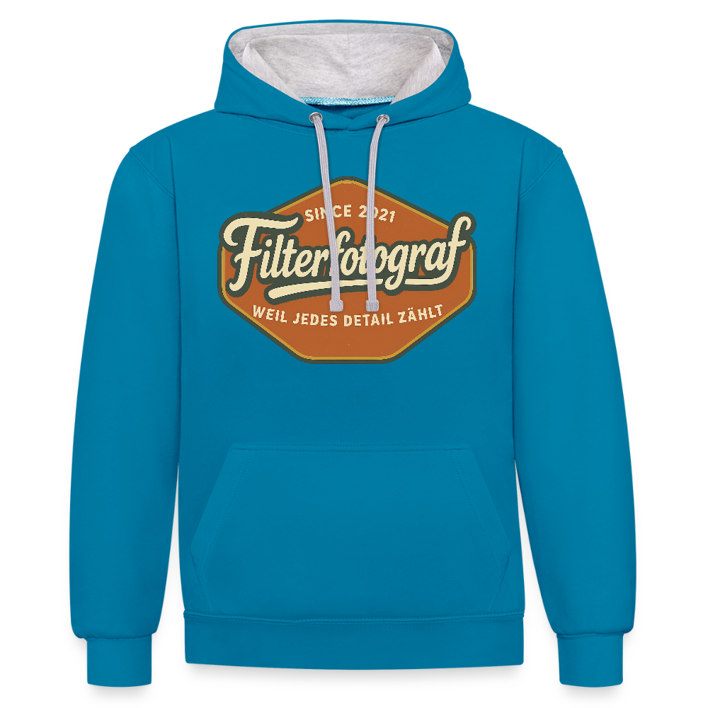 Filterfotograf Kontrast Hoodie – Unisex Kapuzenpullover mit Kopfhörerführung - Pfauenblau/Grau meliert