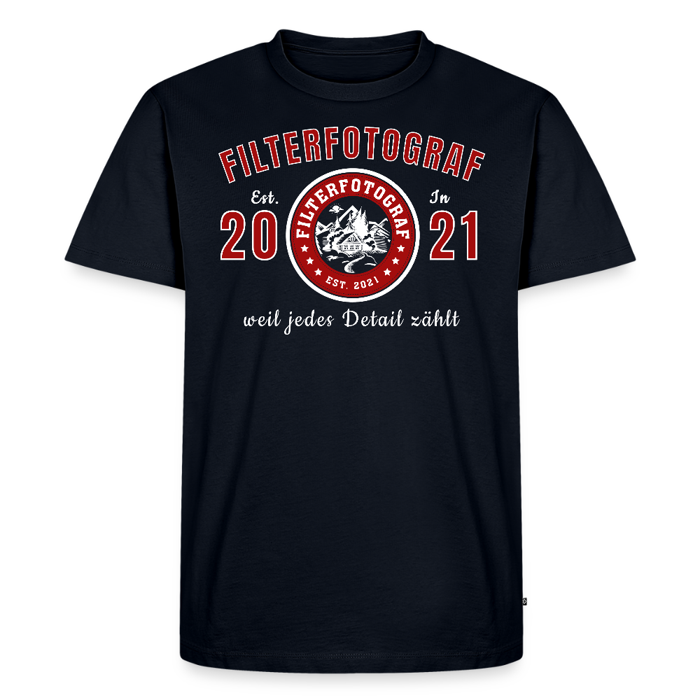 FILTERFOTOGRAF® Männer Premium T-Shirt – Front- & Ärmeldruck, nachhaltig & fair produziert - Navy