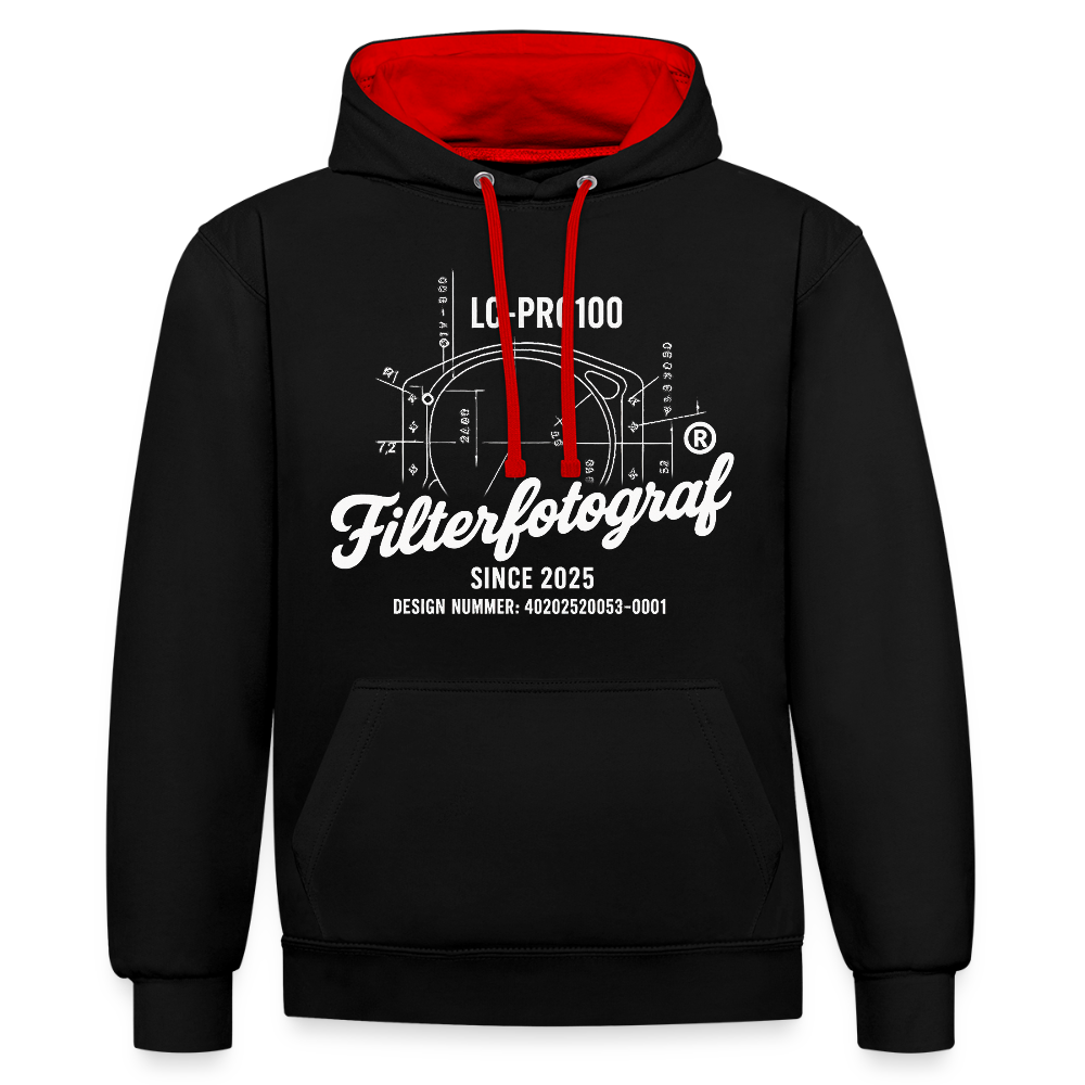 Filterfotograf Kontrast Hoodie – Unisex Kapuzenpullover mit Kopfhörerführung - Schwarz/Rot