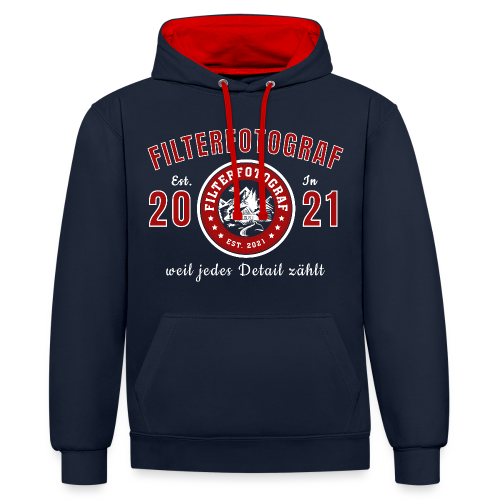 Filterfotograf Kontrast Hoodie – Unisex Kapuzenpullover mit Kopfhörerführung - Navy/Rot