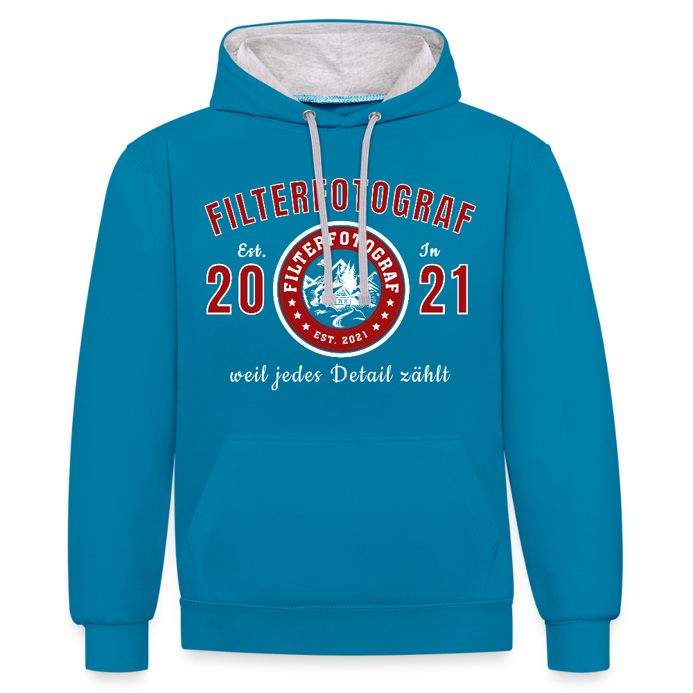 Filterfotograf Kontrast Hoodie – Unisex Kapuzenpullover mit Kopfhörerführung - Pfauenblau/Grau meliert