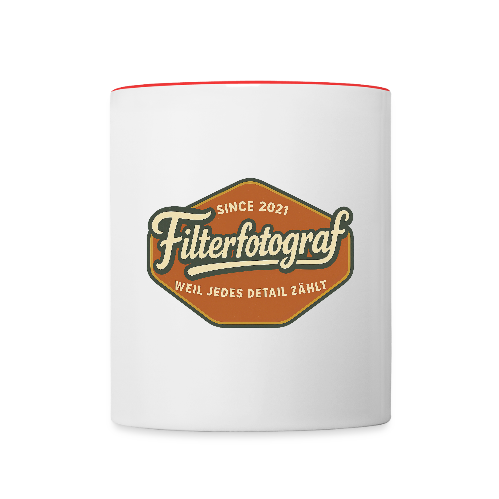 FILTERFOTOGRAF® Tasse zweifarbig – Keramik Kaffeebecher mit Henkel & 325 ml Fassungsvermögen - Weiß/Rot