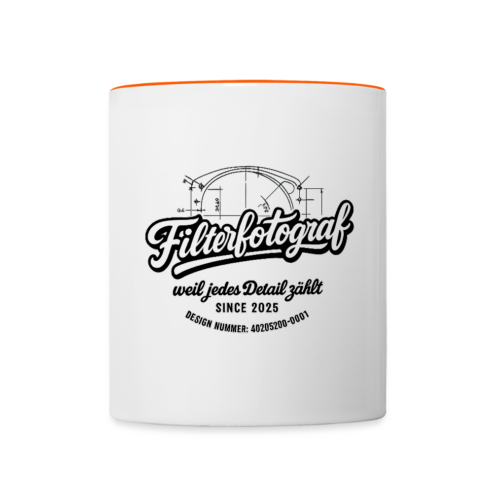 FILTERFOTOGRAF® Tasse zweifarbig – Keramik Kaffeebecher mit Henkel & 325 ml Fassungsvermögen - Weiß/Orange