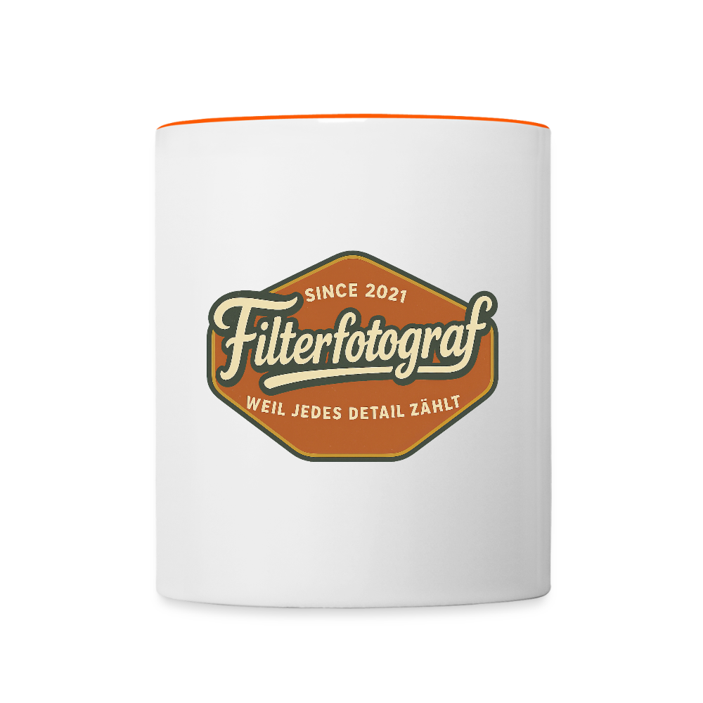 FILTERFOTOGRAF® Tasse zweifarbig – Keramik Kaffeebecher mit Henkel & 325 ml Fassungsvermögen - Weiß/Orange