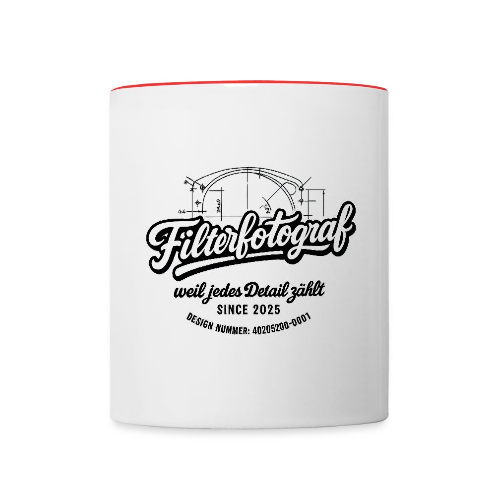 FILTERFOTOGRAF® Tasse zweifarbig – Keramik Kaffeebecher mit Henkel & 325 ml Fassungsvermögen - Weiß/Rot