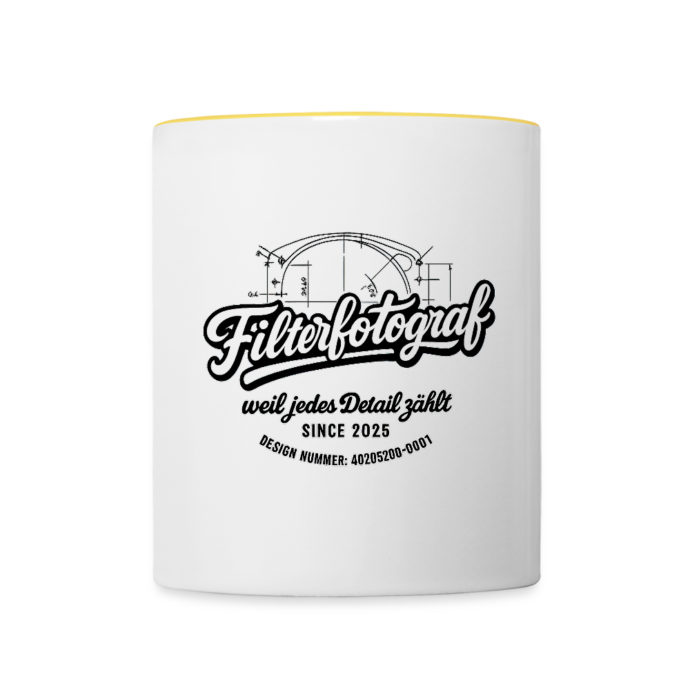 FILTERFOTOGRAF® Tasse zweifarbig – Keramik Kaffeebecher mit Henkel & 325 ml Fassungsvermögen - Weiß/Gelb