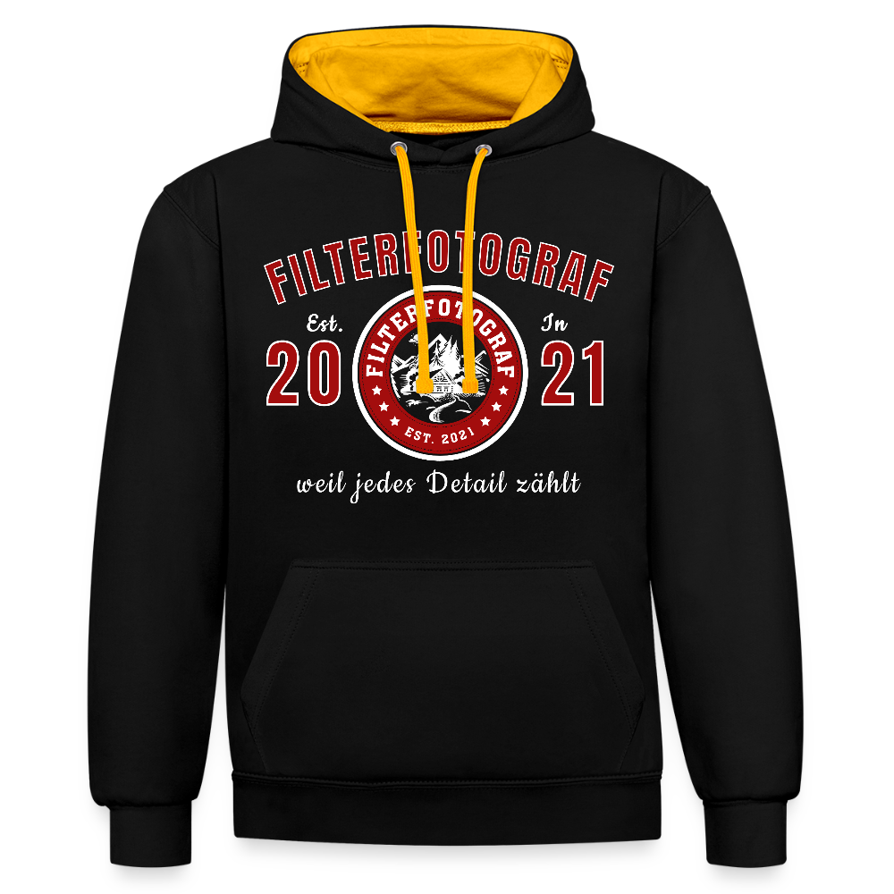 Filterfotograf Kontrast Hoodie – Unisex Kapuzenpullover mit Kopfhörerführung - Schwarz/Gold