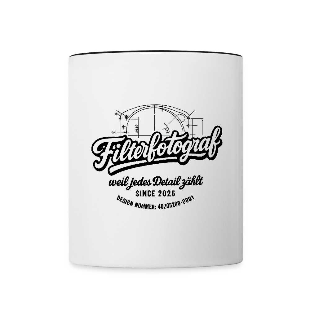 FILTERFOTOGRAF® Tasse zweifarbig – Keramik Kaffeebecher mit Henkel & 325 ml Fassungsvermögen - Weiß/Schwarz