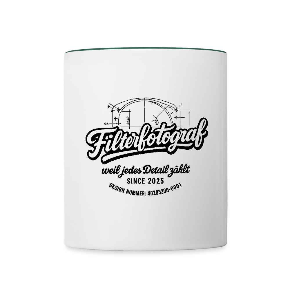 FILTERFOTOGRAF® Tasse zweifarbig – Keramik Kaffeebecher mit Henkel & 325 ml Fassungsvermögen - Weiß/Dunkelgrün