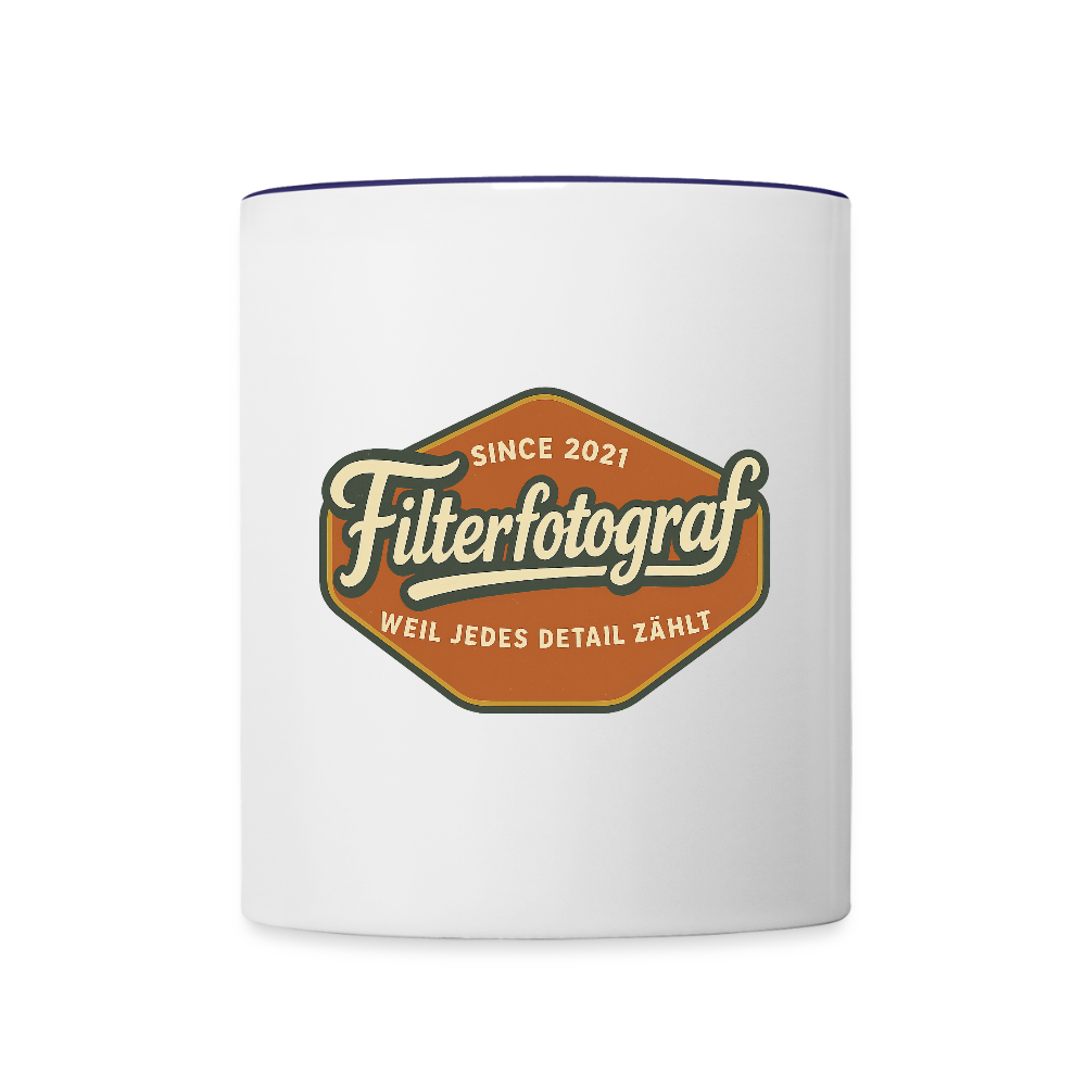 FILTERFOTOGRAF® Tasse zweifarbig – Keramik Kaffeebecher mit Henkel & 325 ml Fassungsvermögen - Weiß/Kobaltblau