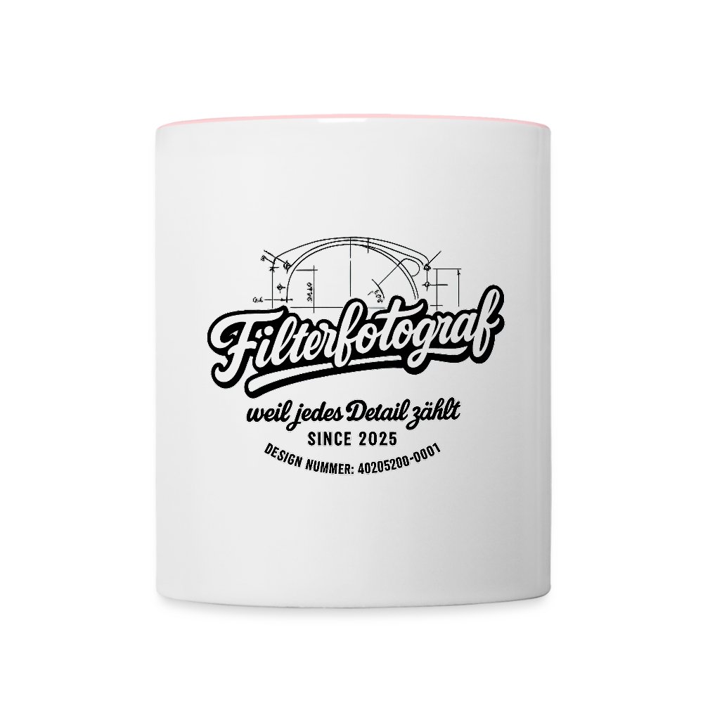 FILTERFOTOGRAF® Tasse zweifarbig – Keramik Kaffeebecher mit Henkel & 325 ml Fassungsvermögen - Weiß/Pink