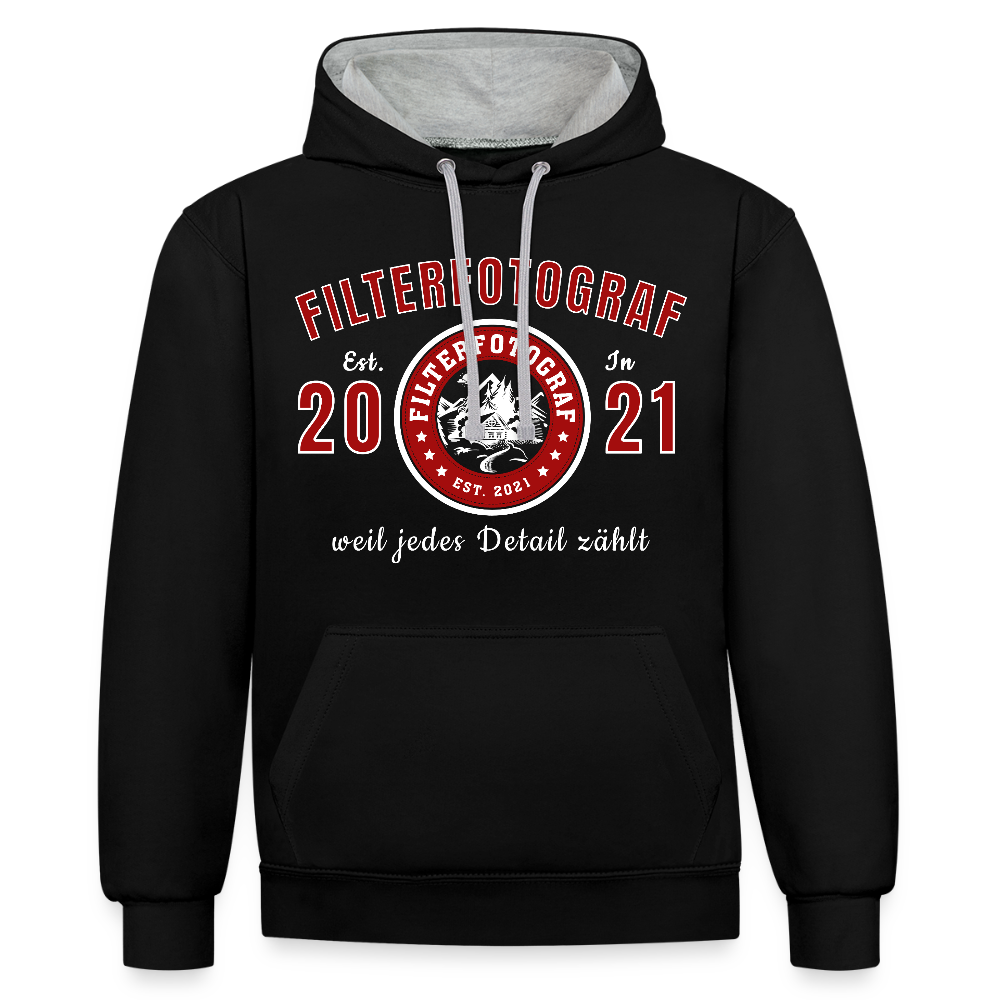 Filterfotograf Kontrast Hoodie – Unisex Kapuzenpullover mit Kopfhörerführung - Schwarz/Grau meliert