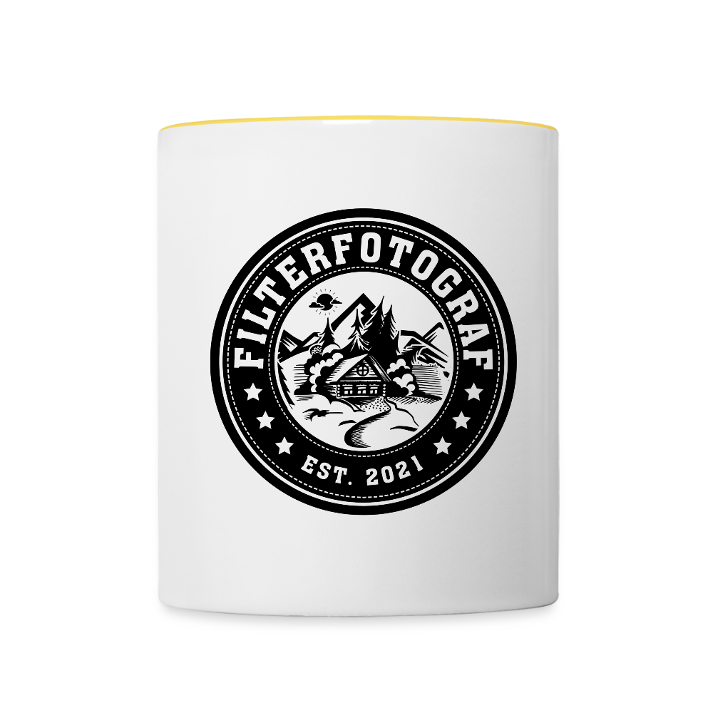 FILTERFOTOGRAF® Tasse zweifarbig – Keramik Kaffeebecher mit Henkel & 325 ml Fassungsvermögen - Weiß/Gelb