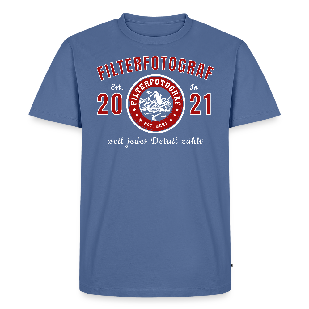 FILTERFOTOGRAF® Männer Premium T-Shirt – Front- & Ärmeldruck, nachhaltig & fair produziert - Taubenblau