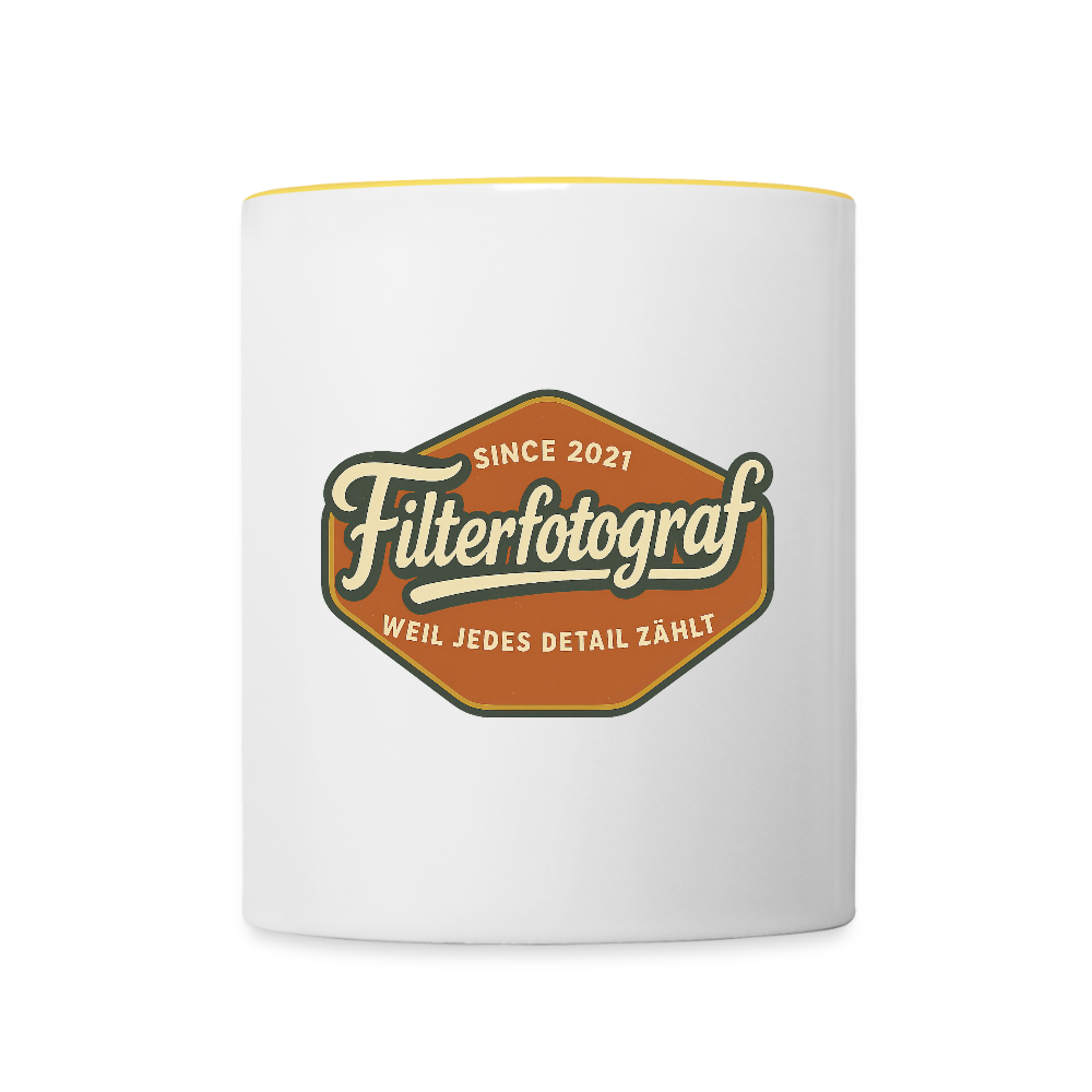 FILTERFOTOGRAF® Tasse zweifarbig – Keramik Kaffeebecher mit Henkel & 325 ml Fassungsvermögen - Weiß/Gelb