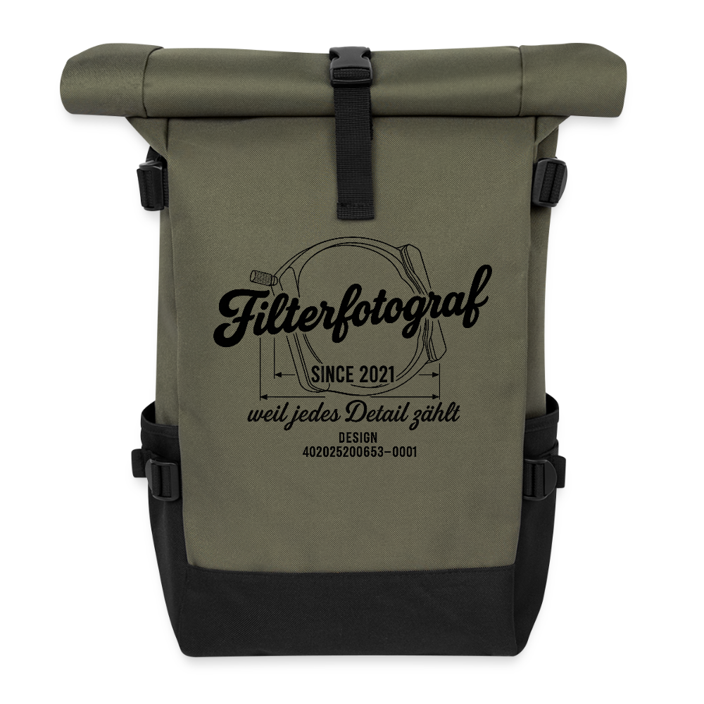 FILTERFOTOGRAF® Rolltop Rucksack – 22L Laptop-Rucksack bis 17'' mit Seitentaschen & Kompressionsriemen - Olive/Schwarz