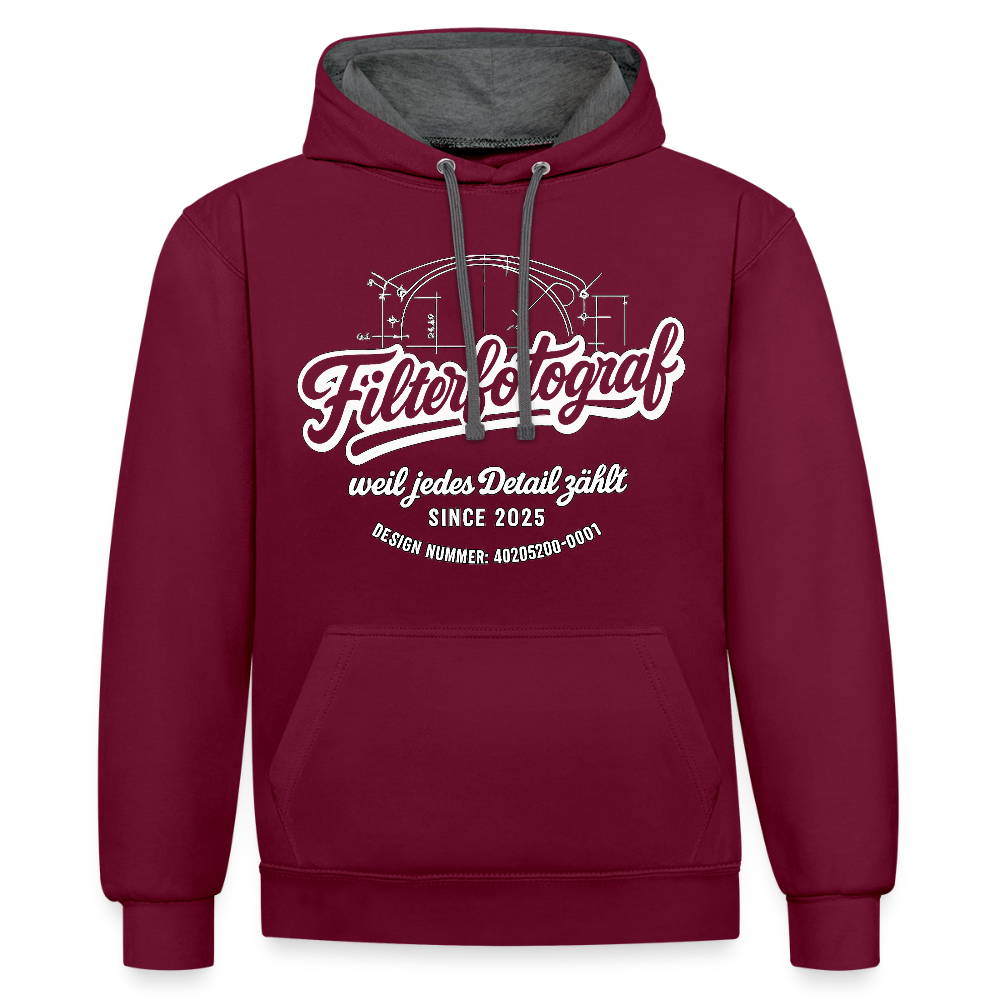 Filterfotograf Kontrast Hoodie – Unisex Kapuzenpullover mit Kopfhörerführung - Weinrot/Anthrazit
