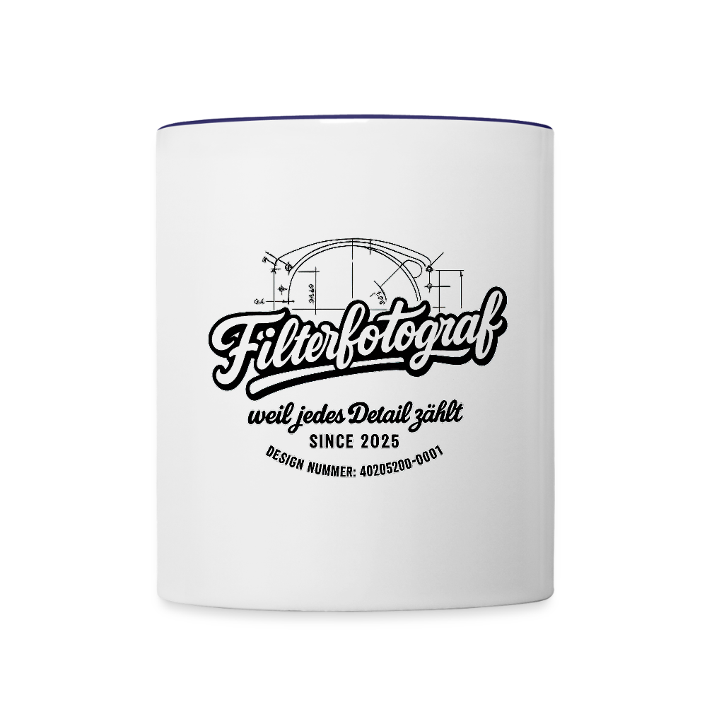 FILTERFOTOGRAF® Tasse zweifarbig – Keramik Kaffeebecher mit Henkel & 325 ml Fassungsvermögen - Weiß/Kobaltblau
