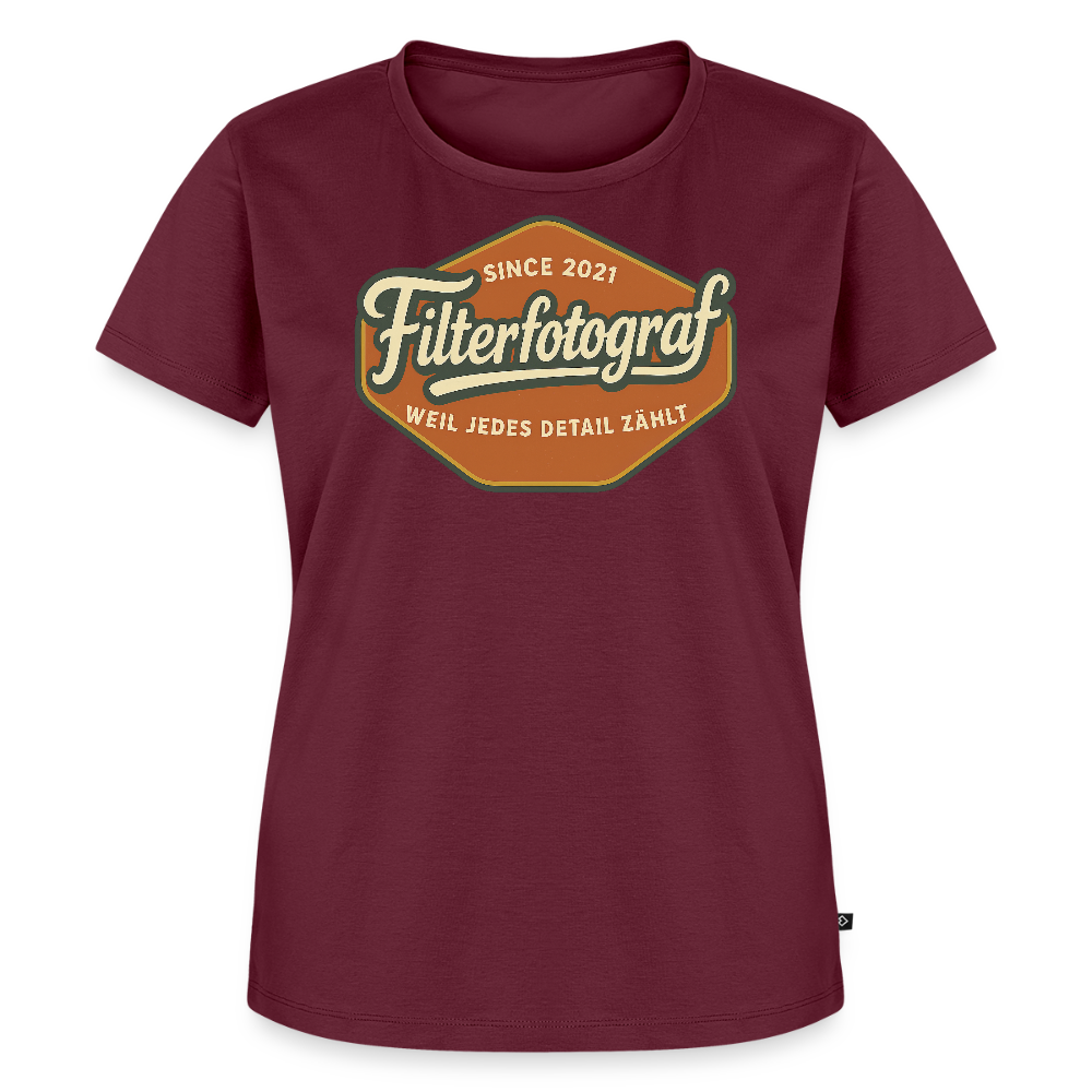 FILTERFOTOGRAF® Frauen Premium T-Shirt – Nachhaltiges Damen Shirt mit perfekter Passform - Burgunderrot