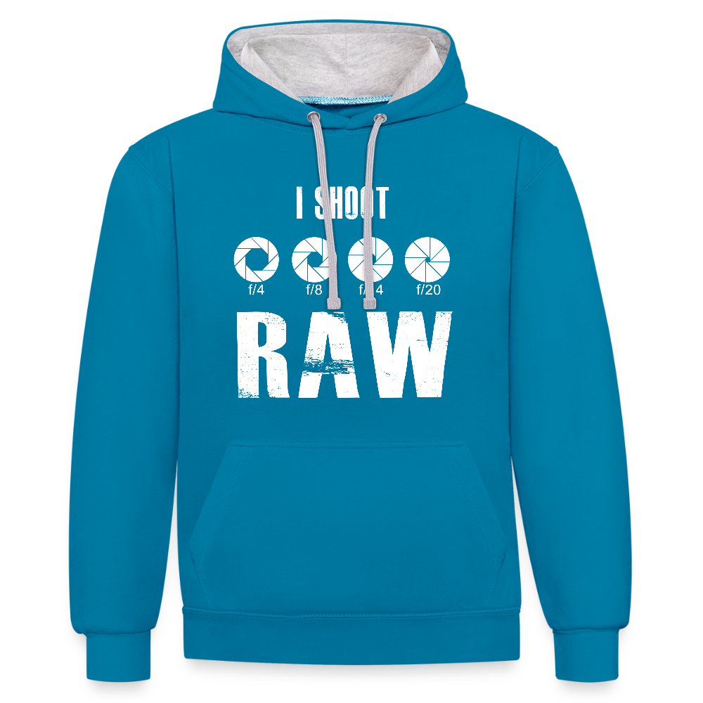 Filterfotograf Kontrast Hoodie – Unisex Kapuzenpullover mit Kopfhörerführung - Pfauenblau/Grau meliert