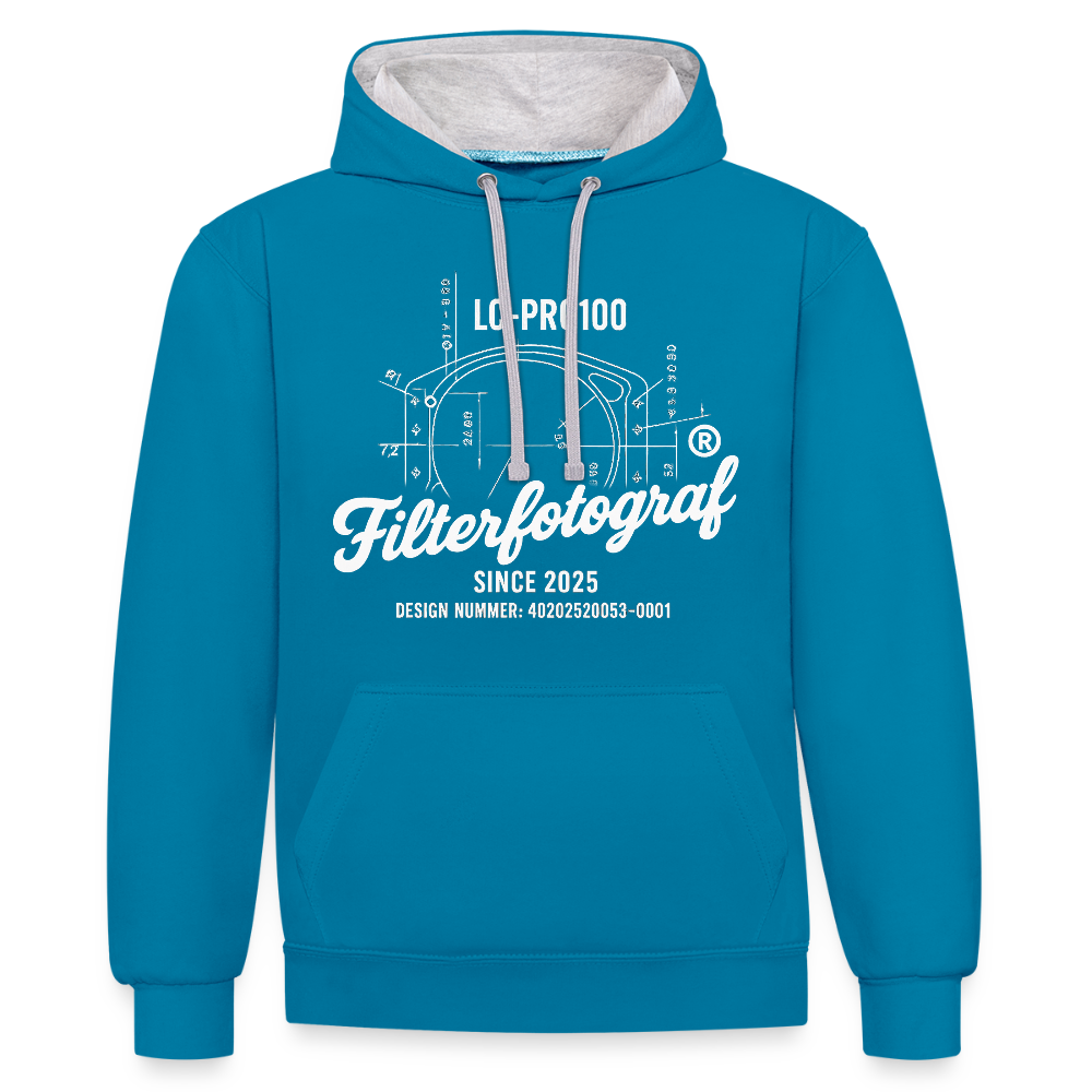 Filterfotograf Kontrast Hoodie – Unisex Kapuzenpullover mit Kopfhörerführung - Pfauenblau/Grau meliert
