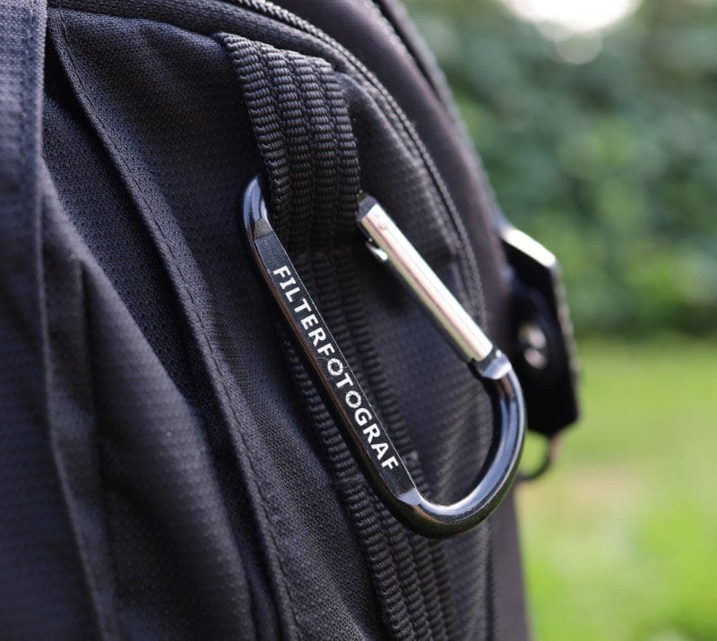 Filter photographer carabiner for the photo backpack with spring-loaded closure