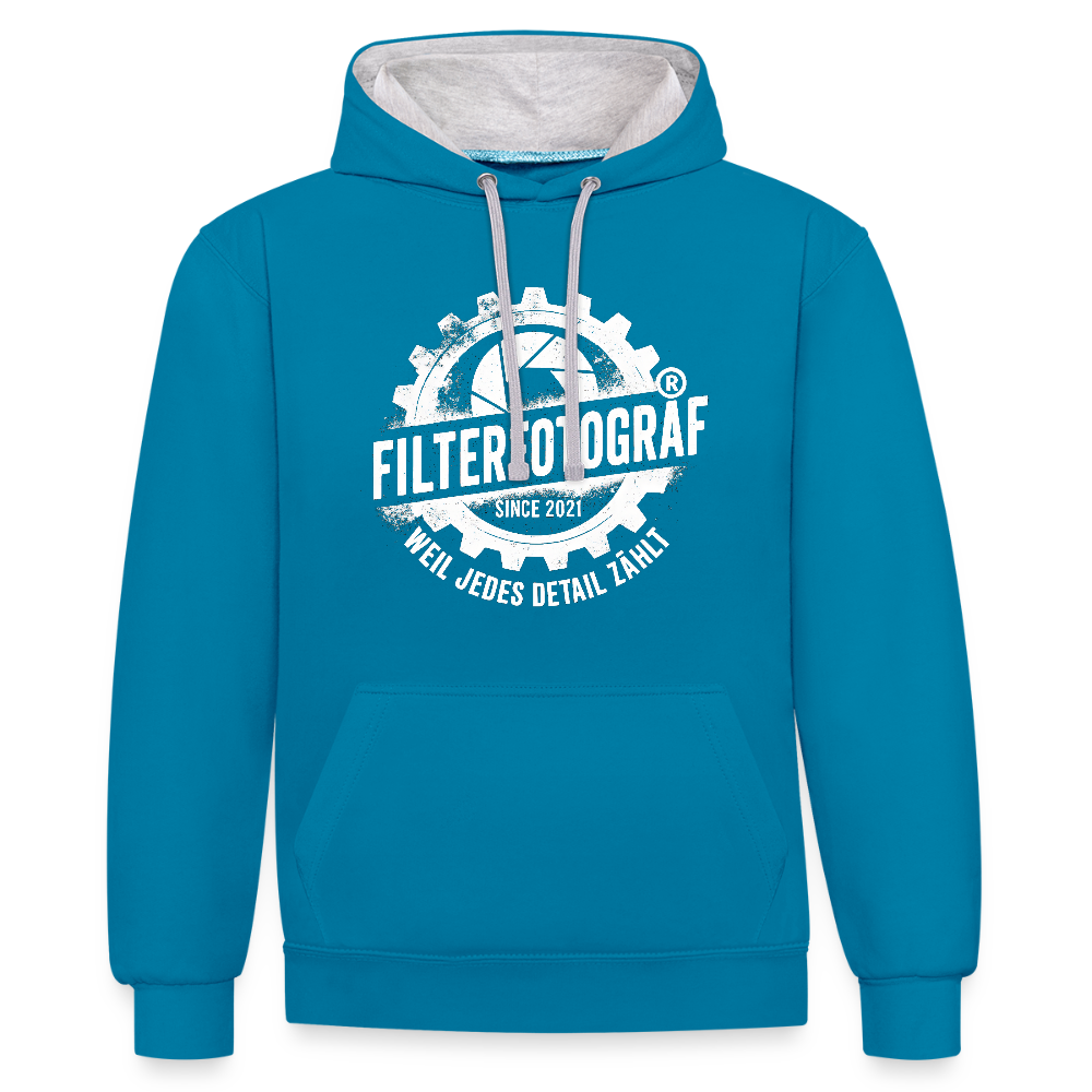 Filterfotograf Kontrast Hoodie – Unisex Kapuzenpullover mit Kopfhörerführung - Pfauenblau/Grau meliert