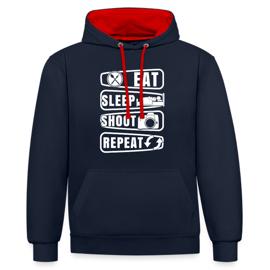 Filterfotograf Kontrast Hoodie – Unisex Kapuzenpullover mit Kopfhörerführung - Navy/Rot