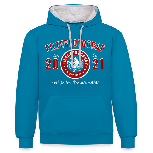Filterfotograf Kontrast Hoodie – Unisex Kapuzenpullover mit Kopfhörerführung - Pfauenblau/Grau meliert