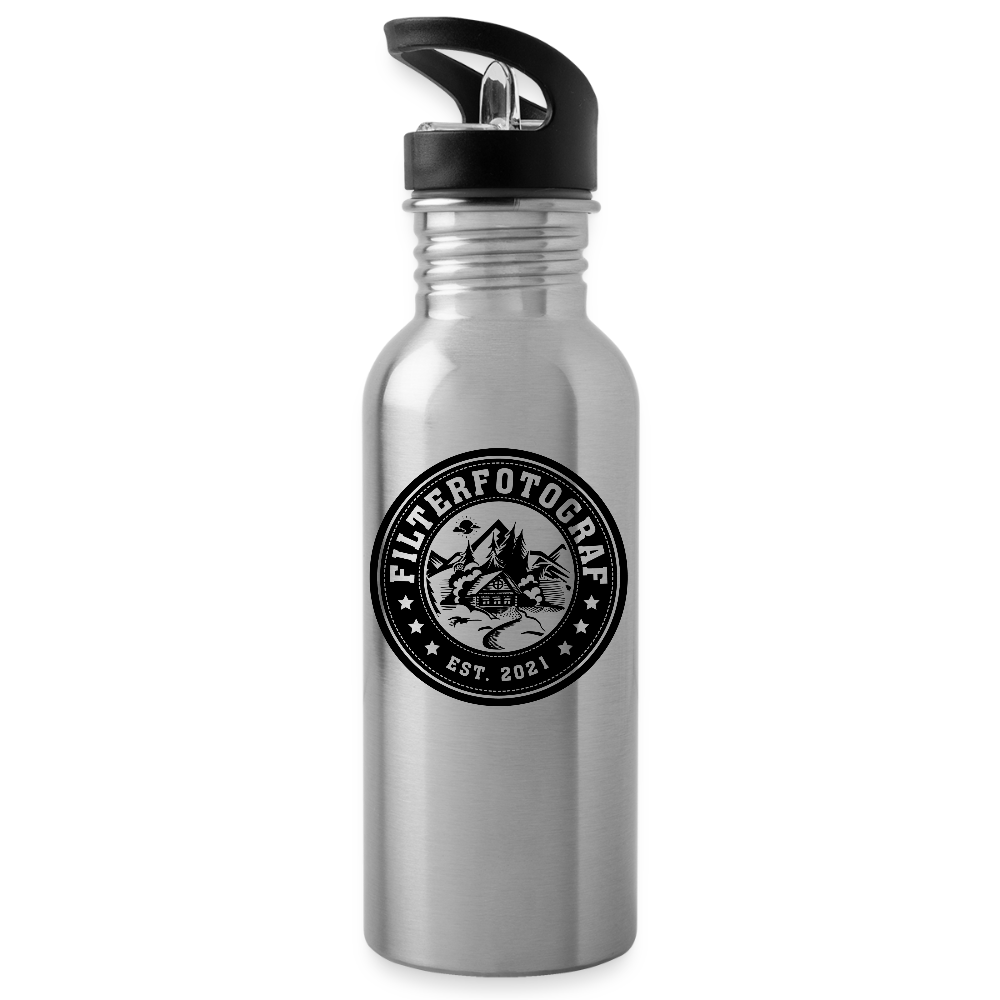 FILTERFOTOGRAF® Trinkflasche – Edelstahl Flasche 600 ml mit Karabiner & 2 Verschlüssen - Lightsilver