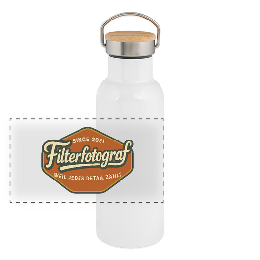 FILTERFOTOGRAF® Thermosflasche mit Bambusdeckel – Edelstahl Trinkflasche doppelwandig (400–750 ml) - Weiß