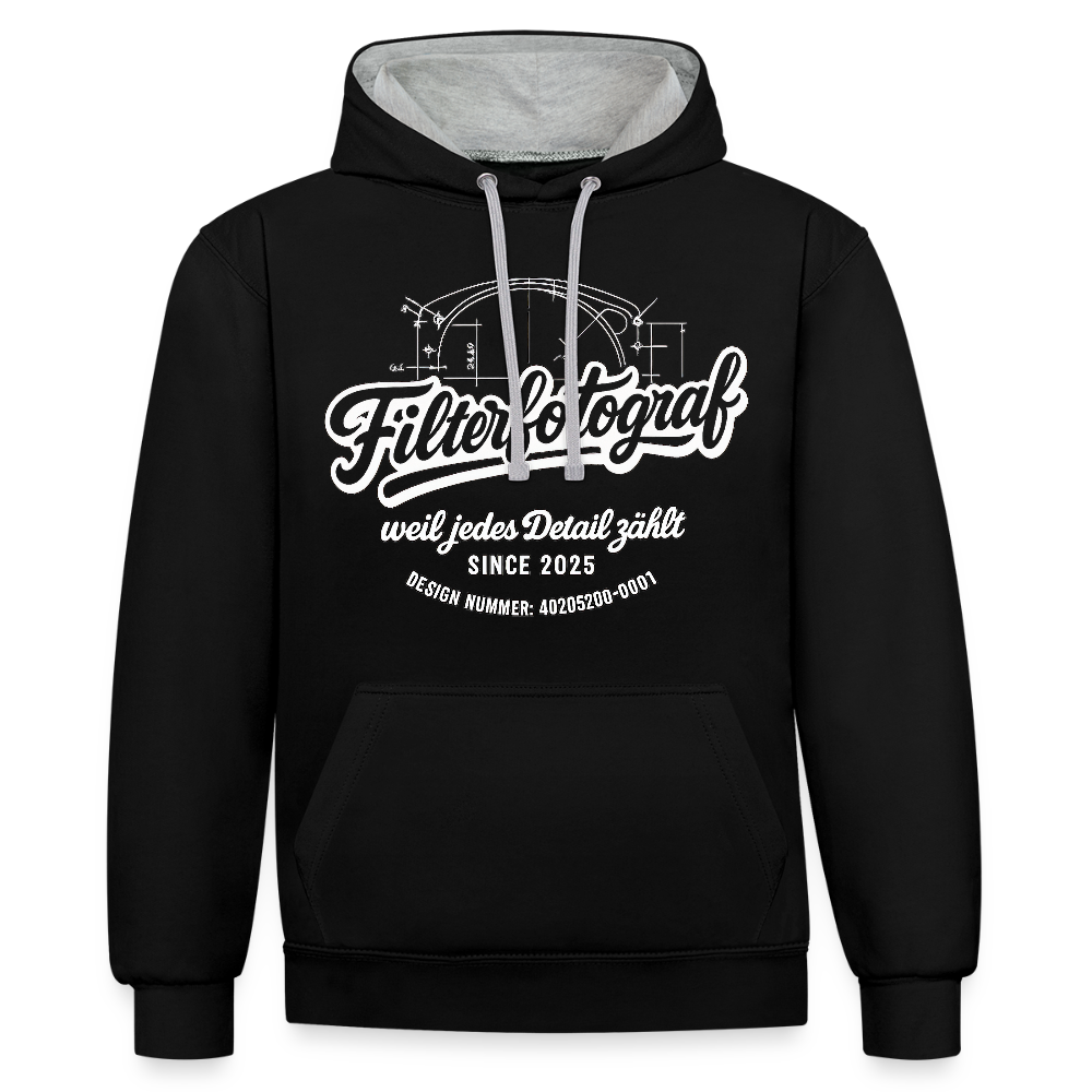 Filterfotograf Kontrast Hoodie – Unisex Kapuzenpullover mit Kopfhörerführung - Schwarz/Grau meliert
