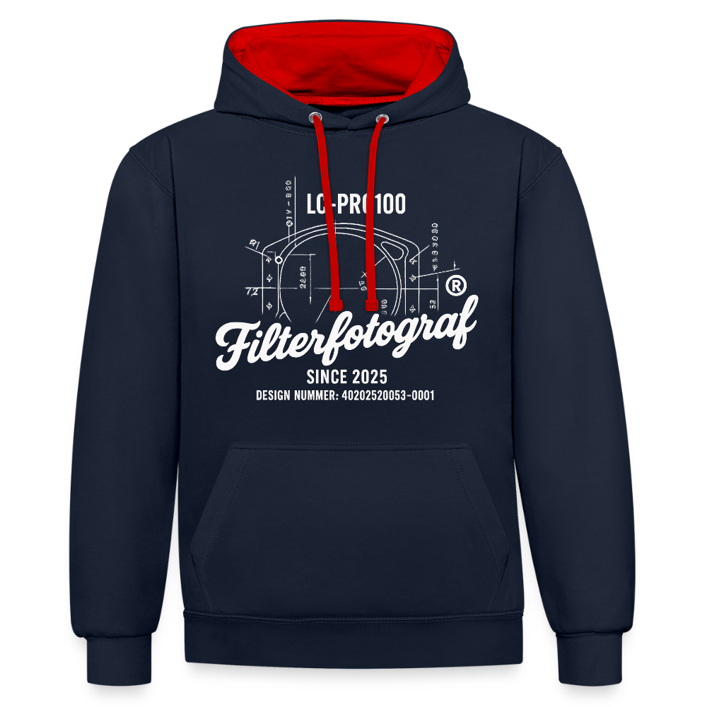 Filterfotograf Kontrast Hoodie – Unisex Kapuzenpullover mit Kopfhörerführung - Navy/Rot