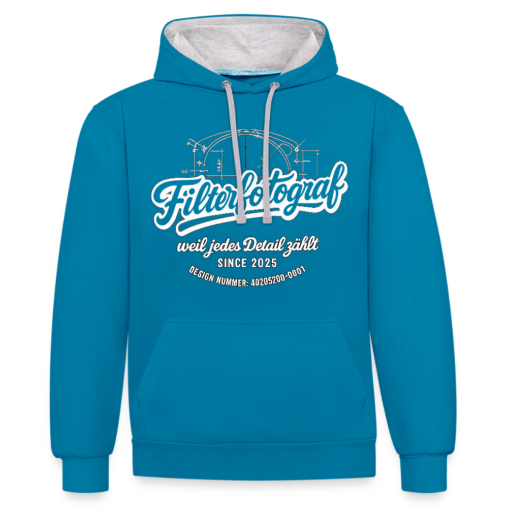 Filterfotograf Kontrast Hoodie – Unisex Kapuzenpullover mit Kopfhörerführung - Pfauenblau/Grau meliert