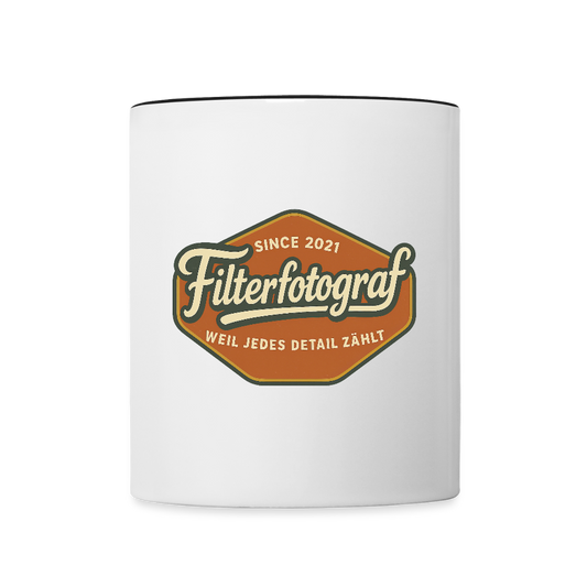 FILTERFOTOGRAF® Tasse zweifarbig – Keramik Kaffeebecher mit Henkel & 325 ml Fassungsvermögen - Weiß/Schwarz