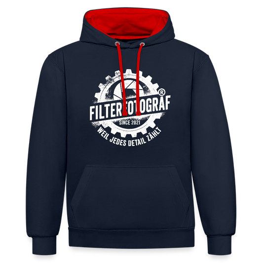 Filterfotograf Kontrast Hoodie – Unisex Kapuzenpullover mit Kopfhörerführung - Navy/Rot