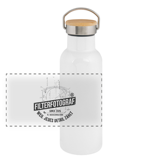 FILTERFOTOGRAF® Thermosflasche mit Bambusdeckel – Edelstahl Trinkflasche doppelwandig (400–750 ml) - Weiß