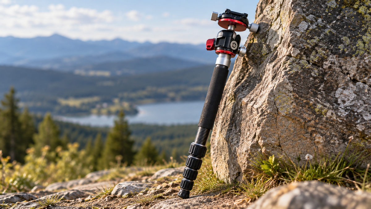 FILTERFOTOGRAF FF1300 Carbon-Einbeinstativ mit Kugelkopf, Schaumstoffgriff und vier Drehverschlüssen, an einen Felsen gelehnt vor einer Berg- und Seenlandschaft.