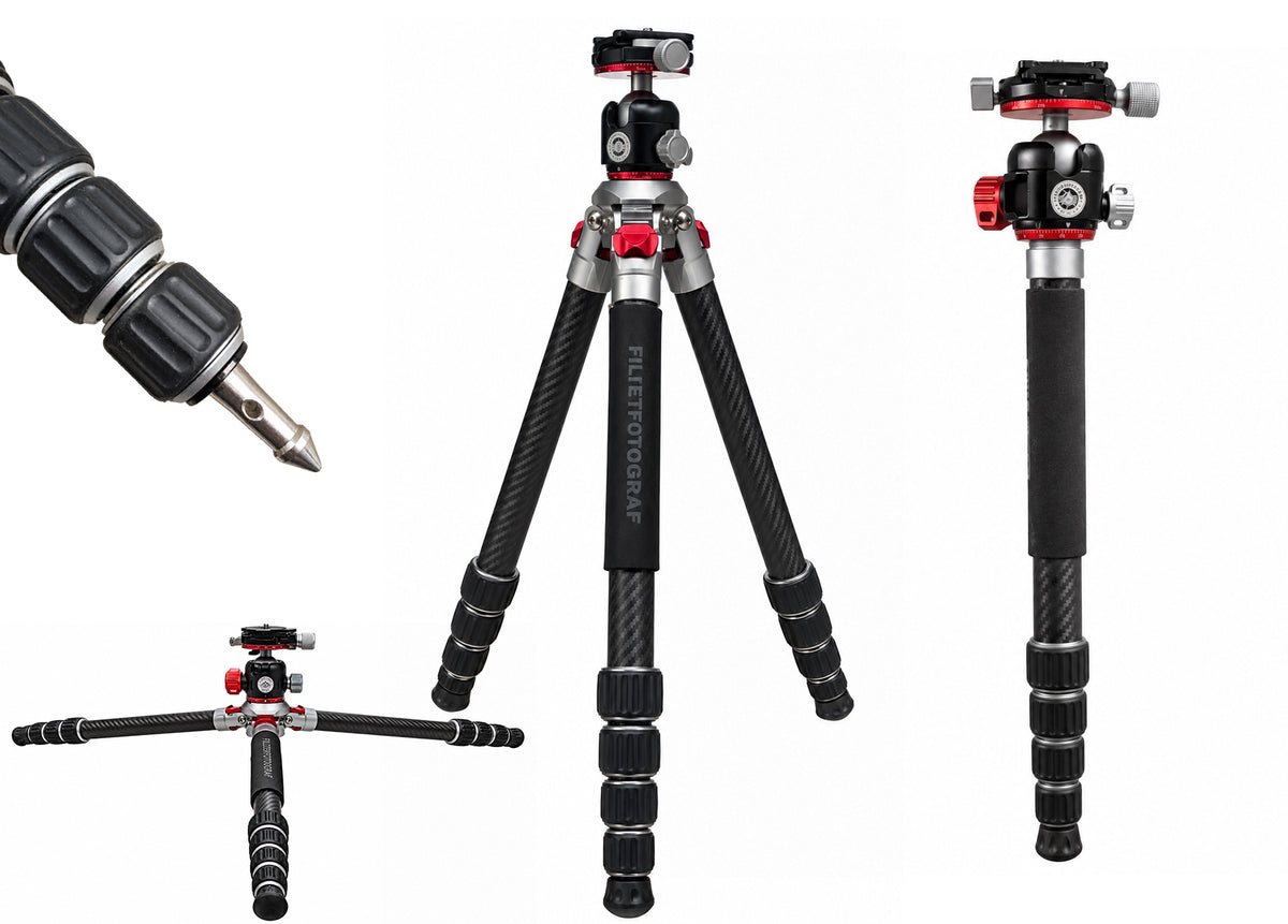 ILTERFOTOGRAF FF1300 Carbon-Reisestativ mit abnehmbarem Einbeinstativ, bodennaher Aufstellung und austauschbarem Metallspike.