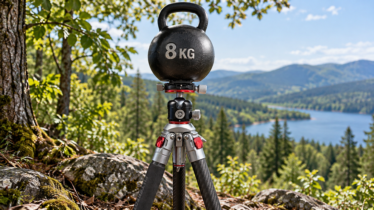 FILTERFOTOGRAF FF1300 Carbon-Reisestativ mit schwarzem 8-kg-Gewicht auf dem Kugelkopf, vor einer grünen Berg- und Seenlandschaft.