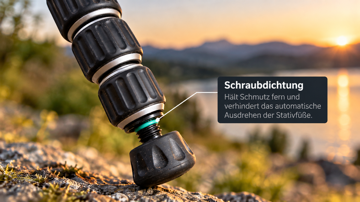Detailaufnahme der grünen Schraubdichtung am Gummifuß des FILTERFOTOGRAF FF1300 Carbon-Reisestativs. Die Dichtung hält Schmutz fern und verhindert unbeabsichtigtes Losdrehen.