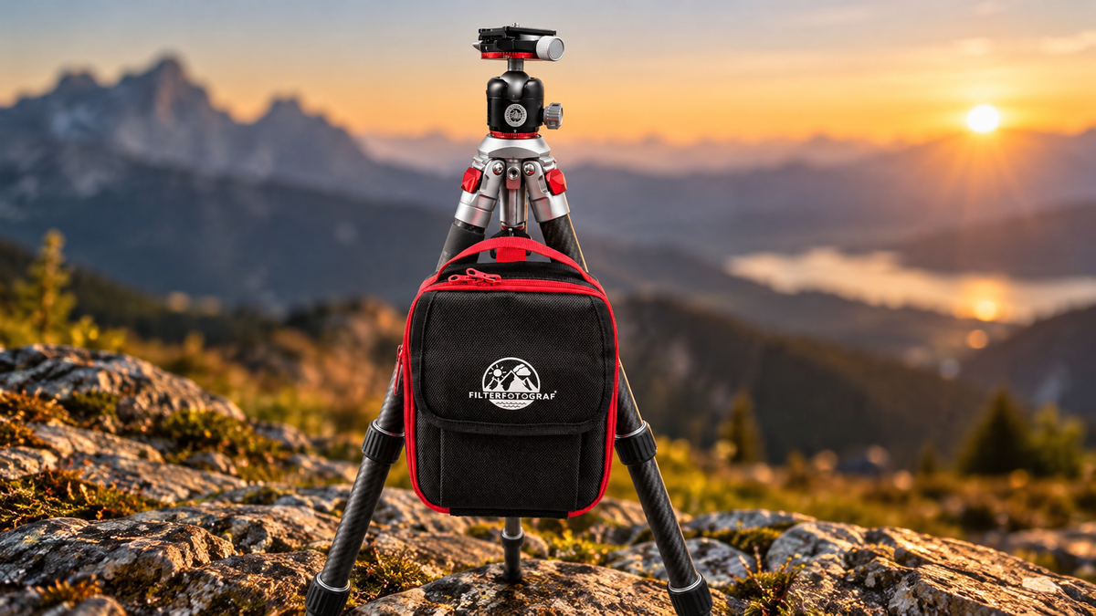 FILTERFOTOGRAF FF1300 Carbon-Reisestativ mit schwarzer FILTERFOTOGRAF Filtertasche mit roten Akzenten vor einer Berglandschaft bei Sonnenuntergang.