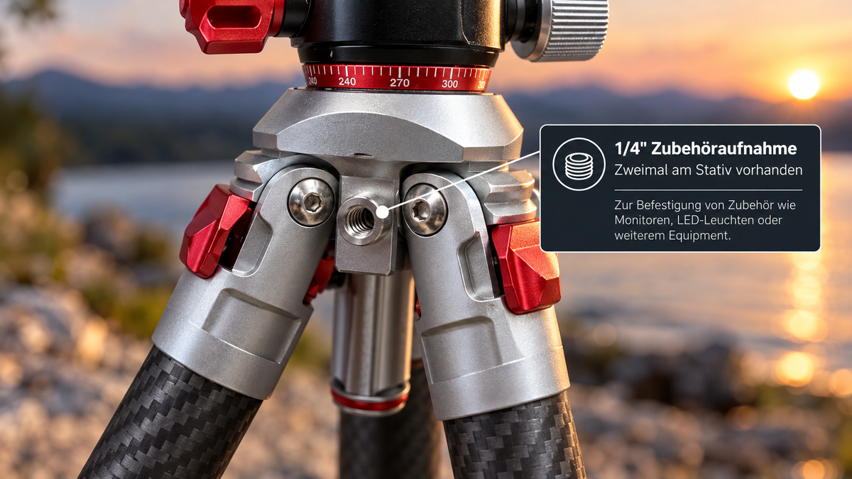 Detailaufnahme der 1/4-Zoll-Zubehöraufnahme am FILTERFOTOGRAF FF1300 Carbon-Reisestativ zur Befestigung von Monitoren, LED-Leuchten und weiterem Fotozubehör.