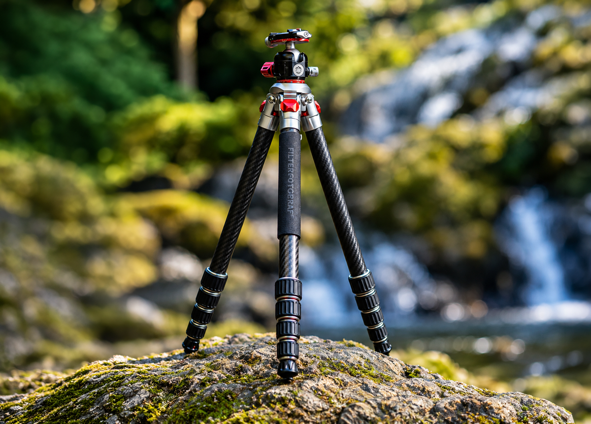 FILTERFOTOGRAF Carbon-Reisestativ mit Kugelkopf und drei Carbonbeinen auf einem moosbewachsenen Felsen vor einem Wasserfall.