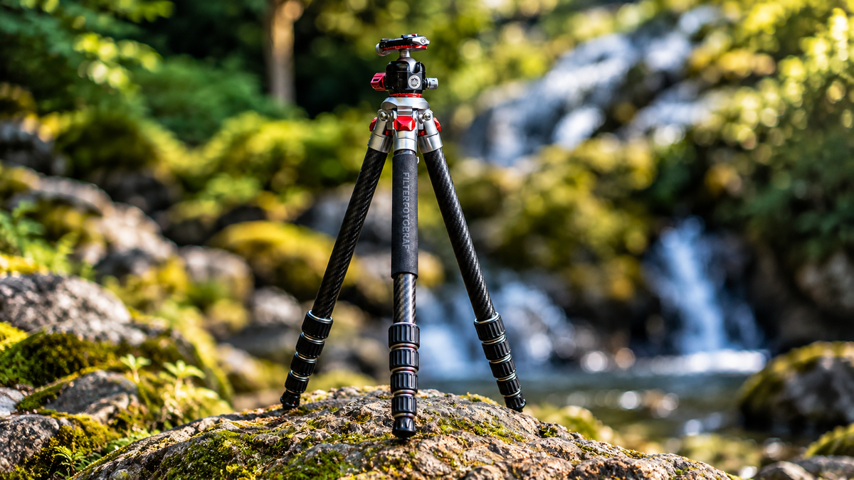 FILTERFOTOGRAF FF1300 Carbon-Reisestativ mit Kugelkopf und drei Carbonbeinen auf einem moosbewachsenen Felsen vor einem Wasserfall im grünen Wald.