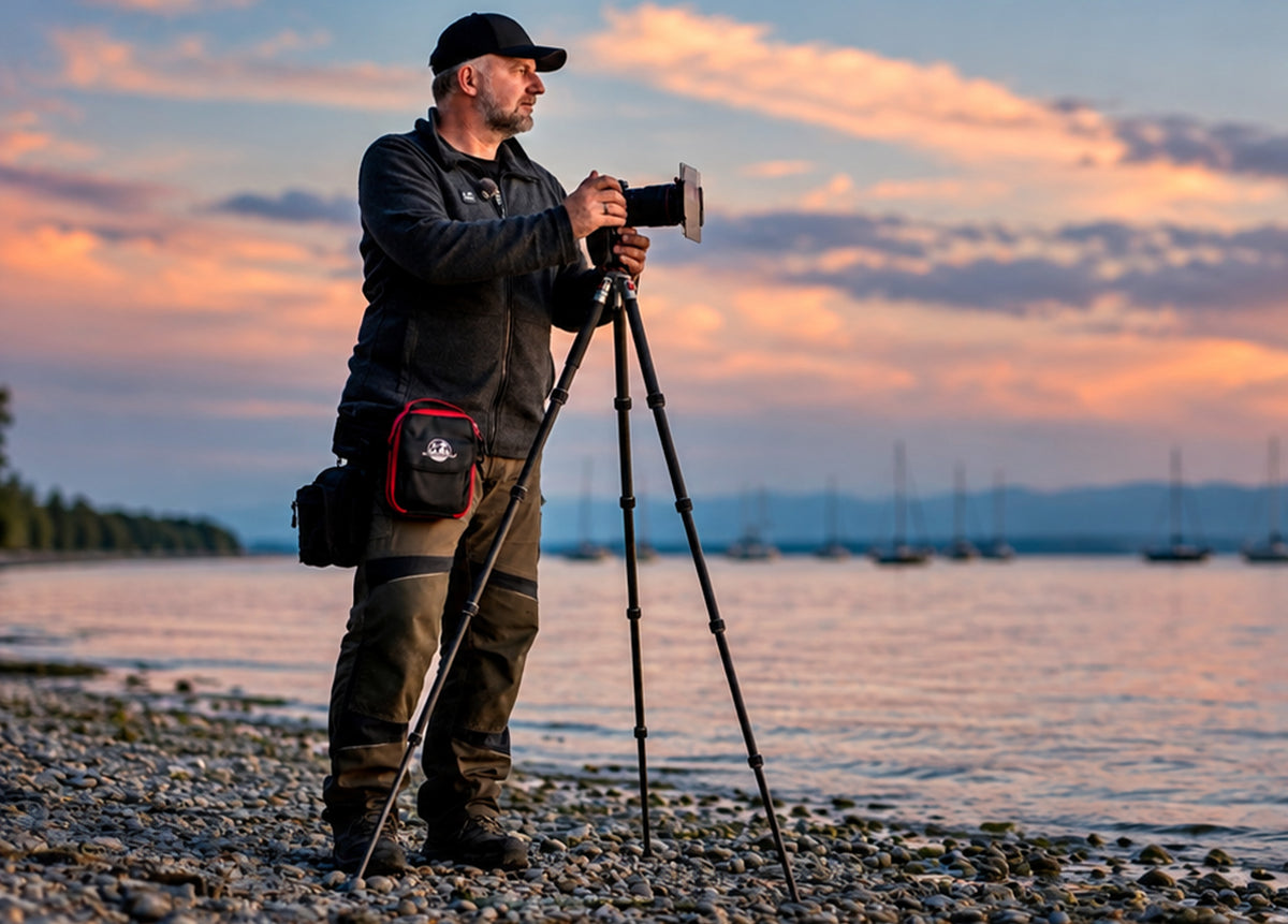 Fotograf Riko Best mit dem FILTERFOTOGRAF FF1300 Carbon-Reisestativ bei der Landschaftsfotografie am Seeufer im Abendlicht.