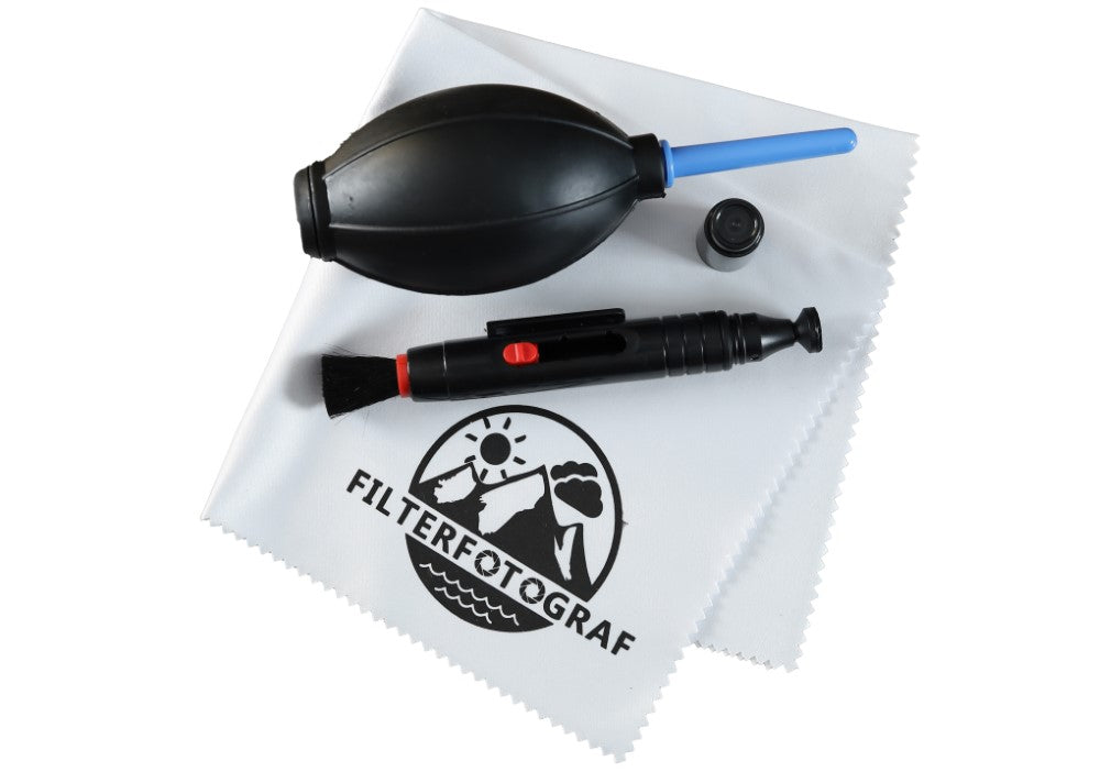 Filter Reinigungsset mit großem Blasebalg, Reinigungsstift (Lens Pen) und XXL Filterfotograf Mikrofasertuch