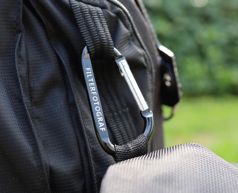 Filter photographer carabiner for the photo backpack with spring-loaded closure